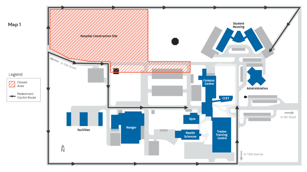 Map of Northern Lights College Dawson Creek campus, showing the areas closing from April 22–26, 2024, and pedestrian and cyclist routes.