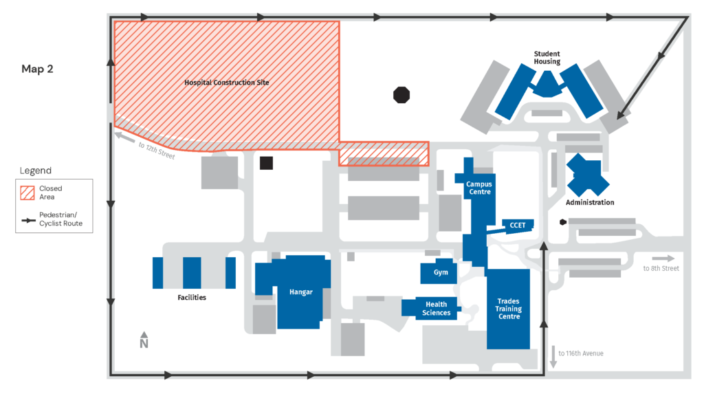 Map of Northern Lights College Dawson Creek campus, showing the areas closing from April 26, 2024 (through most of construction) and pedestrian and cyclist routes.