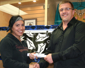 Clorrisa Bigfoot received the Pembina Pipeline Corporation Welding Scholarship from Dana Wilfur.